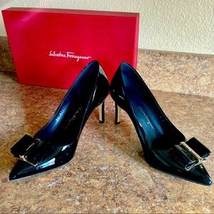 Salvatore Ferragamo Zeri Black Leather Pumps (2.75”)with Gold Accents